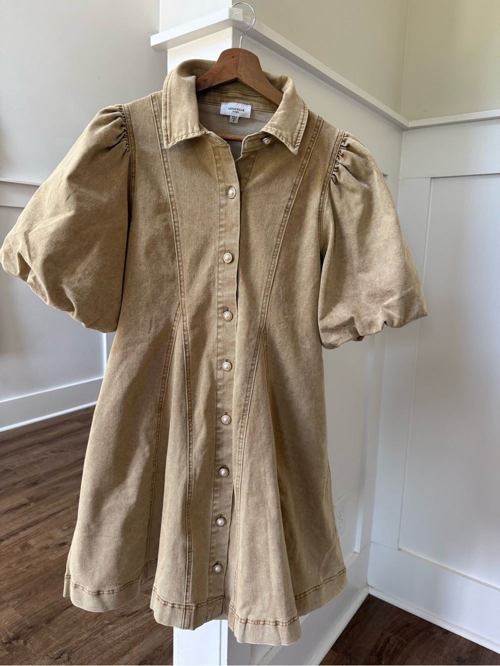 Puff Sleeve Button-Front Dress in Tan